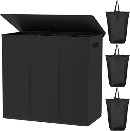 WOWLIVE 180L Laundry Hamper with Lid 3 Section,Large Laundry Basket with Removable Bags and Handles,Collapsible Dirty Clothes Hampers for Laundry,Laundry Basket Organizer for Laundry Room,Dorm,Black