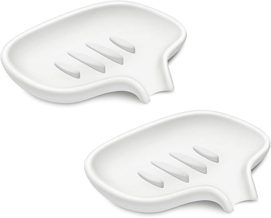 SUBEKYU Silicone Soap Dish for Bathroom,Bar Soap Holder for Shower with Draining Tray, Waterfall Soap Tray for Kitchen Sink, Set of 2 (2 * White)