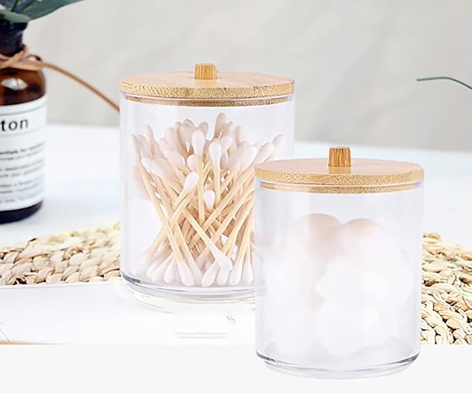2 Pack Acrylic Qtip Holders, Large Cotton Round Holder with Bamboo Lid Clear Apothecary Jars Bathroom Canister Storage for Q-Tips, Cotton Pads & Swab, Hair Ties, Makeup Brush Organizing