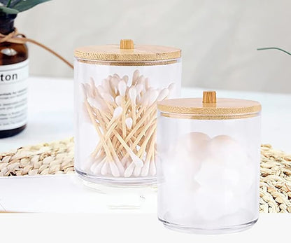 2 Pack Acrylic Qtip Holders, Large Cotton Round Holder with Bamboo Lid Clear Apothecary Jars Bathroom Canister Storage for Q-Tips, Cotton Pads & Swab, Hair Ties, Makeup Brush Organizing