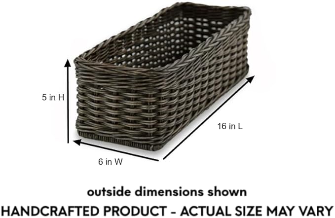 The Basket Lady Narrow Rectangular Wicker Storage Basket, Small, 16 in L x 6 in W x 5 in H, Antique Walnut Brown