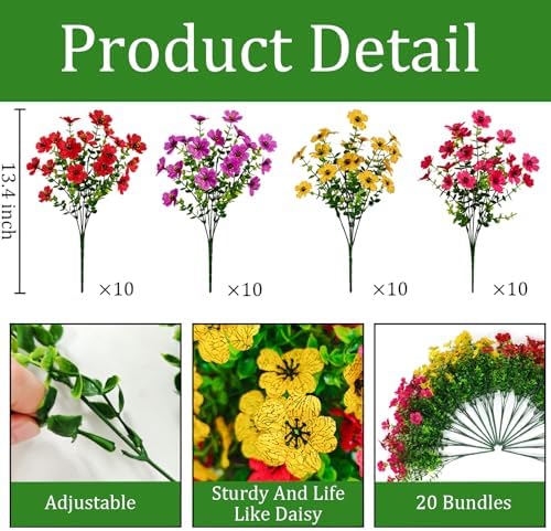 40 Pcs Artificial Flowers for Outdoors Fake Flowers UV Resistant, Artificial Plants Outdoor Indoor Faux Plastic Fake Plants for Planter Front Door Garden Porch Yard Home Decor(Pink Red Purple Yellow) - Image 3