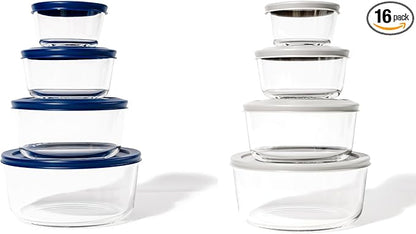 16-Piece Glass Food Storage Containers Set (8 Containers + 8 Lids) | Round, Nesting, Microwave & Dishwasher Safe | BPA-Free, Space-Saving | Color Lids for Pantry & Kitchen Organization, Multi Color