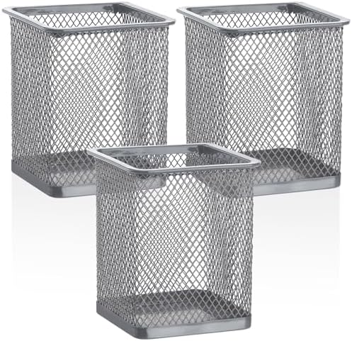 Segarty Pen Holder, 3 Pack Square Silver Pencil Holder for Desktop, Metal Mesh Pen Cup Container Desk Organizer for Office Supplies, School, Home, Makeup Brush Storage by Segarty