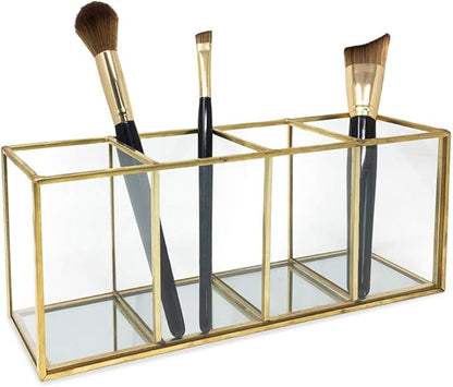Isaac Jacobs 4-Compartment Organizer- Makeup Brush Holder- Vintage Style Brass and Glass Storage Solution with Mirror Base- Office, Bathroom, Kitchen Supplies and More (Antique Gold)