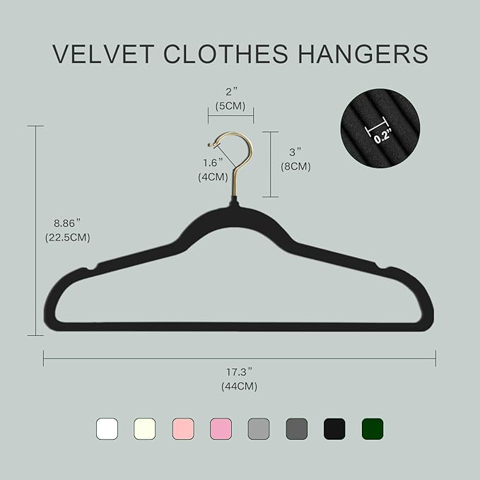 36 Packs Velvet Clothes Hangers, 17.3 Inches Non-Slip Skirt Hangers, Sturdy Dresses Hangers with Shoulder Notches, Space Saving Clothing Hangers for Adults, Black with Gold Hook