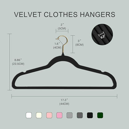36 Packs Velvet Clothes Hangers, 17.3 Inches Non-Slip Skirt Hangers, Sturdy Dresses Hangers with Shoulder Notches, Space Saving Clothing Hangers for Adults, Black with Gold Hook