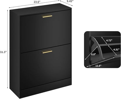 JOZZBY Shoe Cabinet Storage for Entryway, Freestanding Narrow Slim Shoe Organizer Cabinet with 2 Flip Drawers, Wooden Shoe Rack for Hallway, Living Room, Black1
