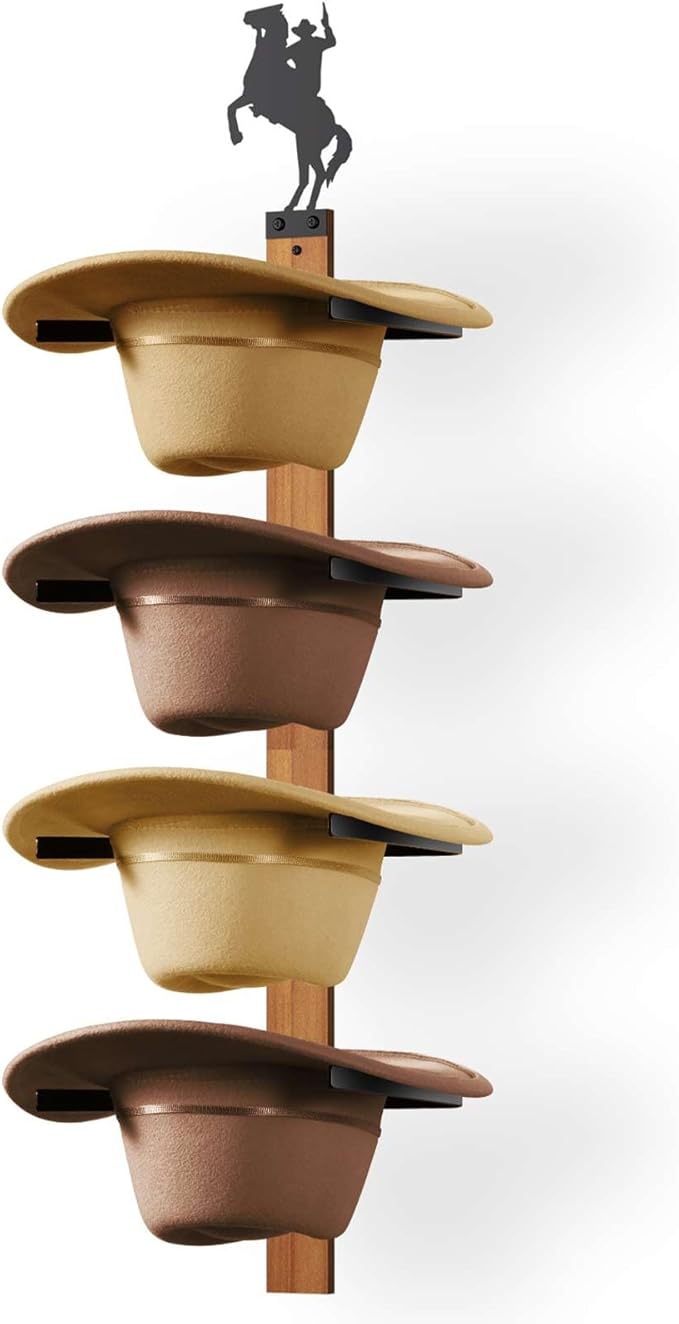 Cowboy Hat Rack, 4 Pieces Hat Rack for Cowboy with Wooden Board, Gift Cowboy Hat Holder Wall Storage-Organizer Western Hats with Style and Ease
