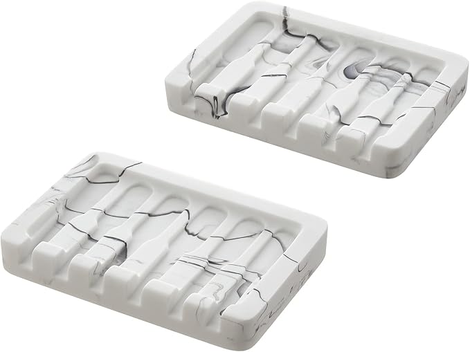 INIUNIK 2PCS Self Draining Soap Dish - Marble Look Soap Holder Tray Savers Box Container Sponge Holder for Bathroom Shower Kitchen, White