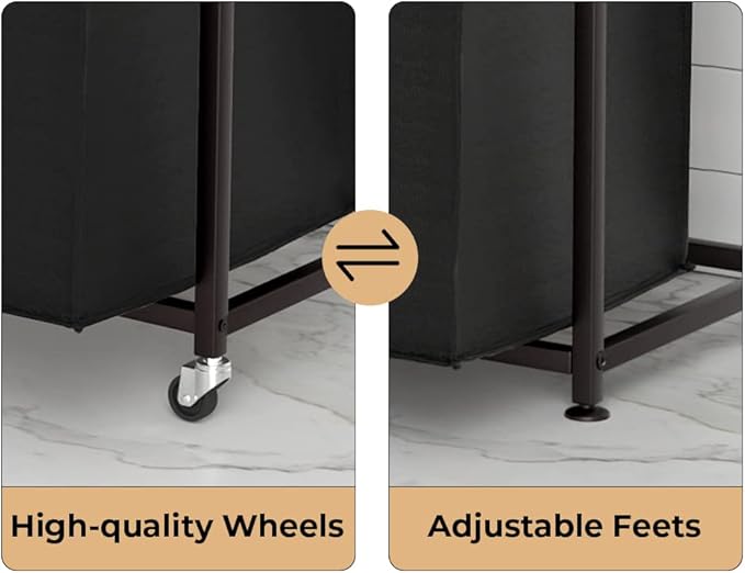 Herture Laundry Hampers with Shelf, Laundry Basket 3 Section, Laundry Sorter with Pull-Out Removable Large 3 Color Bags and Movable Wheels, Metal Frame, 3 x 15.87 Gallons (60L), Rustic Brown PF04XLN