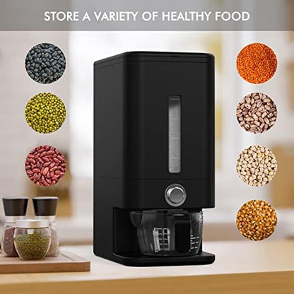 Rice Dispenser - 26.5 lbs Rice Storage Container with Measuring Cup, Rice Scoop & Sponge – Large Cereal Grain Bucket with Scale for Kitchen Pantry Organization, BPA-free, Airtight (Black)
