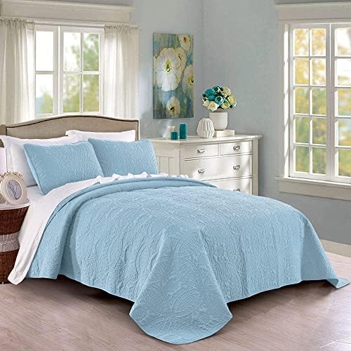 Pure Bedding Quilt Set Full/Queen Size Sky Blue - Oversized Bedspread - Soft Microfiber Lightweight Coverlet for All Season - 3 Piece Includes 1 Quilt and 2 Shams, Geometric Pattern by PureBedding