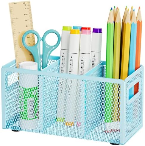 Marbrasse Mesh Pen Holder for Desk, Pencil Holder Desk Organizer 3 Adjustable Compartments, Pencil Cup with Handle Perfect for Classroom, Office, Home, Makeup, Art (Blue) by Marbrasse