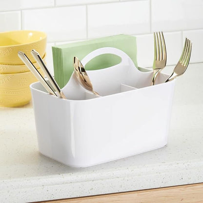 mDesign Plastic Cutlery Storage Organizer Caddy Bin Tote with Handle - Kitchen Cabinet Divided Pantry Basket for Forks, Knives, Spoons, Napkins, Indoor/Outdoor Use, Lumiere Collection, White
