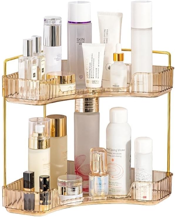 CESTATIVO Corner Bathroom Counter Organizer, Vanity Trays for Bathroom, Skincare Makeup Organizer Shelf, Shelf Cosmetics, Toiletries, Lotions, Perfumes (2 Tiers, Amber)