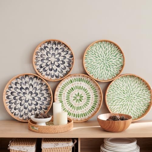 YANGQIHOME Round Serving Tray with Decorative Mother of Pearl Inlay, Woven Rattan Tray for Home Decor, Table Decor, Gifts, Dining, Food, Fruit, Coffee, 13.8 inch - Image 5