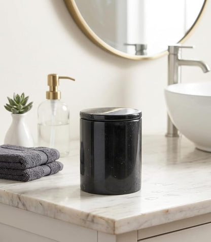 Black Marble Qtip Holder for Bathroom 4" Canister with Lid for Cotton Swabs, Balls, Pads, Floss Picks, Bath Salts - Vanity Makeup Storage Organizer Bathroom Essentials Accessories Decor