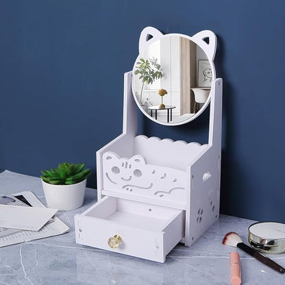 Assemble Makeup Organizer 7 1/2 Inch with Cosmetic Rotating Mirror & Drawer, Compact Vanity Bins Storage, Girl's Dressing Table Essential Skincare Display Case,Countertop Ideal Gift Chioce