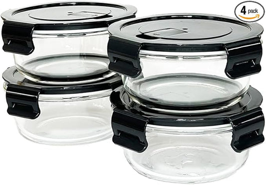 12Oz Round Glass Food Containers With Lids, Small Round Glass Meal Prep Containers,1.5 Cup Clear Food Storage Containers With Lids BPA-Free, Microwave, Dishwasher, Freezer Safe（Black