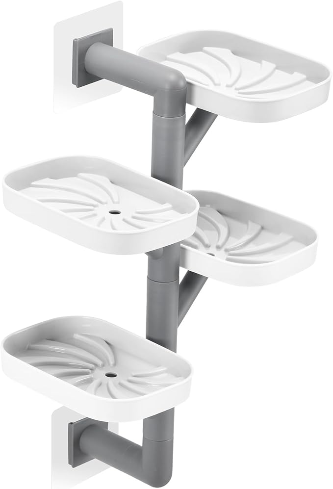 Soap Holder Four Layer Wall Mounted NO-Drilling Rotatable Self-draining Removable Soap Dish for Shower Bathroom Tray,Self Draining Sponge Holder,Razor Holder (White/Gray)