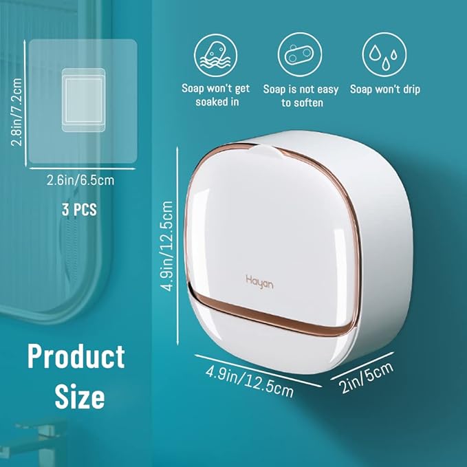 Luxury Soap Holder with Drain Tray, Waterproof Soap Dish Holder, Keep Soap Bars Dry, Adhesive Soap Case Box Wall Mounted for Shower, Bathroom, Bathtub, White