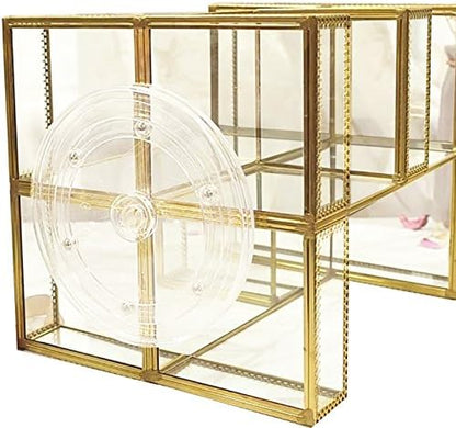 360 Degree Rotation Makeup Organizer Antique Countertop Cosmetic Storage Box Mirror Glass Beauty Display, Gold Spin Large Capacity Holder for Brushes Lipsticks Skincare Toner