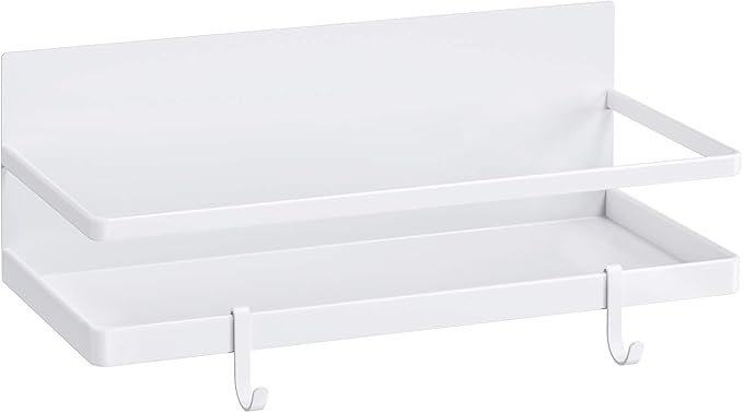 Magnetic Spice Rack, Strong Magnetic Shelf with 2 Removable Hooks, Perfect Space Saver for Small Kitchen/Apartment, Awesome Metal Cabinet for Holding Spices, Jars, Salt, Beverage(White)