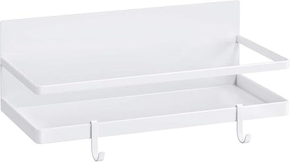 Magnetic Spice Rack, Strong Magnetic Shelf with 2 Removable Hooks, Perfect Space Saver for Small Kitchen/Apartment, Awesome Metal Cabinet for Holding Spices, Jars, Salt, Beverage(White)