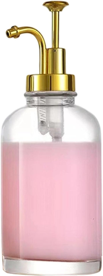 Asixxsix Coffee Syrup Dispenser, 500ml Clear Thickened Glass Soap Dispenser Bottle with PP Press Pump, High and Low Temperature Proof, Syrup Containers for Maple Honey (Gold Pump Head)