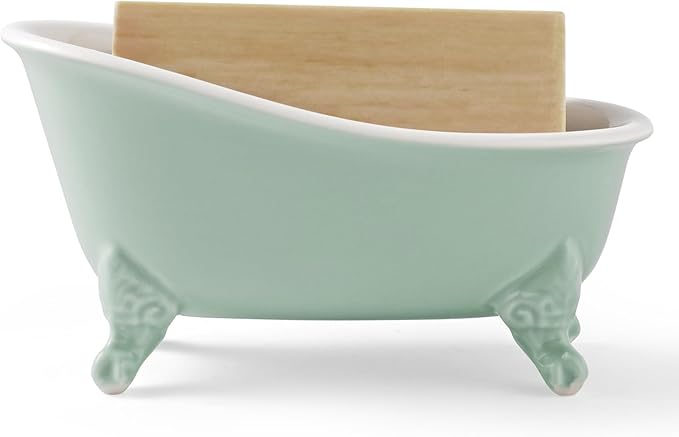 6.1" Vintage Ceramic Mini Decorative Clawfoot Bathtub Bar Soap Dish, Kitchen Sponge Holder and Shower Tray for Bathroom, 1 Pack (Bright Teal)