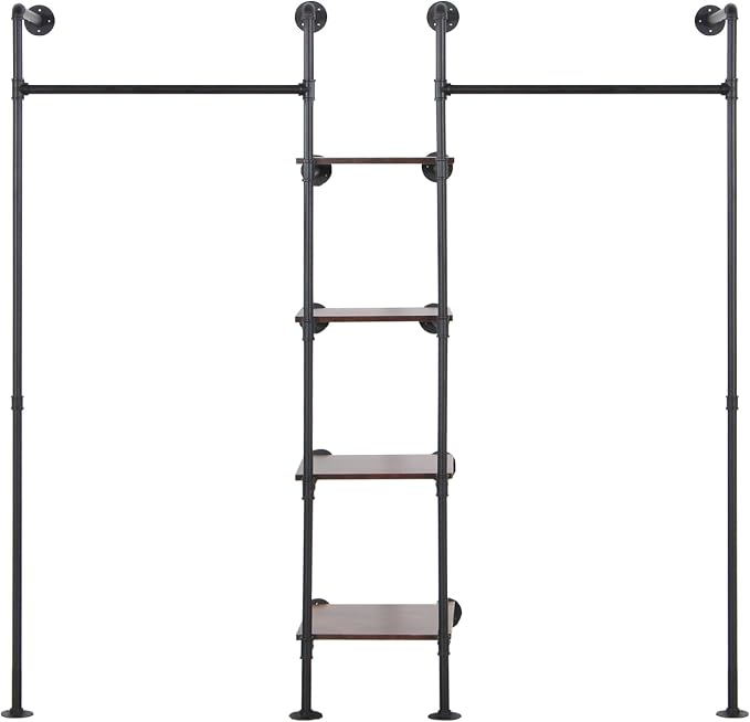 Wall Mounted Industrial Pipe Heavy Duty Clothes Rack, Clothing Rods for Hanging Clothes, Freestanding Clothing Rack with 2 Hang Rods & 4 Shelves, 72.8" W x 17.7" D x 71" H