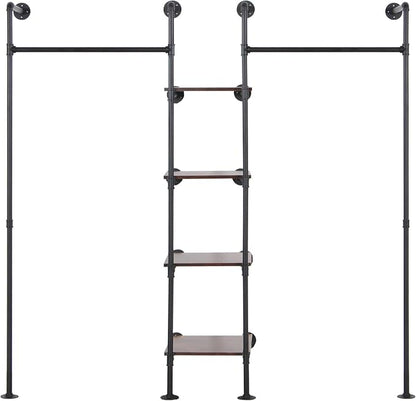 Wall Mounted Industrial Pipe Heavy Duty Clothes Rack, Clothing Rods for Hanging Clothes, Freestanding Clothing Rack with 2 Hang Rods & 4 Shelves, 72.8" W x 17.7" D x 71" H