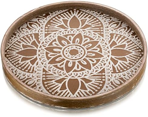 Hanobe Round Boho Decorative Tray for Coffee Table, Vintage Mandala Pattern by Hanobe