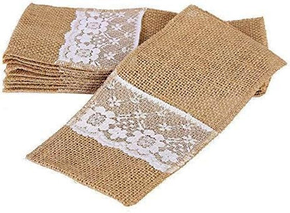 TM 100 Pack Natural Burlap Cutlery Holder Pouch Bag 4x8.5 Inch with Lace Silverware Napkin Holders Wedding Party Bridal Shower Table Setting Table Decoration