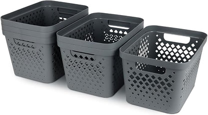 Glad Plastic Storage Basket Set, Value Pack of 6 | Open Storage Bins for Shelves, Bathroom, Pantry, Closet | Nesting Organizer Boxes with Handles, 4 Gallon, Grey
