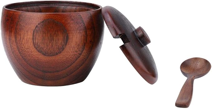Seasoning Pot, Wood Spice Box Sugar Bowl Seasoning Jar Salt Cellar Box Spice Jar Seasoning Container Storage Box with Spoon and Lid for Kitchen
