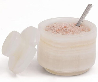 MARBLOUS KRAFTS 3" Marble Salt Cellar with Lid & Spoon White Onyx Flaky Salt Box, Sugar Jar, and Spice Storage Container for Kitchen Countertop, Perfect Ideal Mother’s Day Gift for Mom