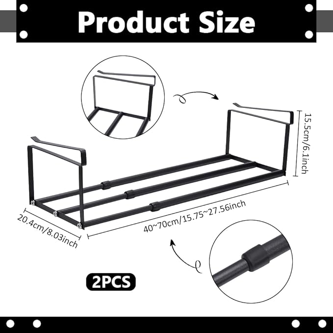 UNICRAFTALE 2Pcs Expandable Shoe Rack Organizer for Closet Black Hanging Under Cabinet Shelf Adjustable Retractable Storage Rack for Shoes Clothing Kitchen Items Space Saving Solution Long 40~70cm