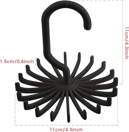 Tie Rack, 360 Degree Rotatable Belt and Scarf Hanger, 20 Hook Organizer, Black, PP Material, Space Saving Closet Storage, 4.3x4.3x0.6 Inch