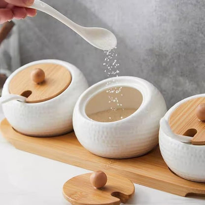 Ceramic Seasoning Container Spice Jar, Home Kitchen Seasoning Box Food Storage Container with Bamboo Lid and Bamboo Tray, Ceramic Spoon 200 ml (7 oz), Set of 3 Bottles, Suitable for Kitchen
