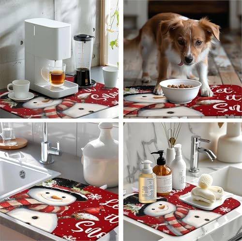 Snowman Christmas Dish Drying Mat Winter Drying Mats for Kitchen Counter Xmas Holiday Red Dish Draining Mat Microfiber Absorbent Reusable Dish Rack Pad 18x24 Inch - Image 7