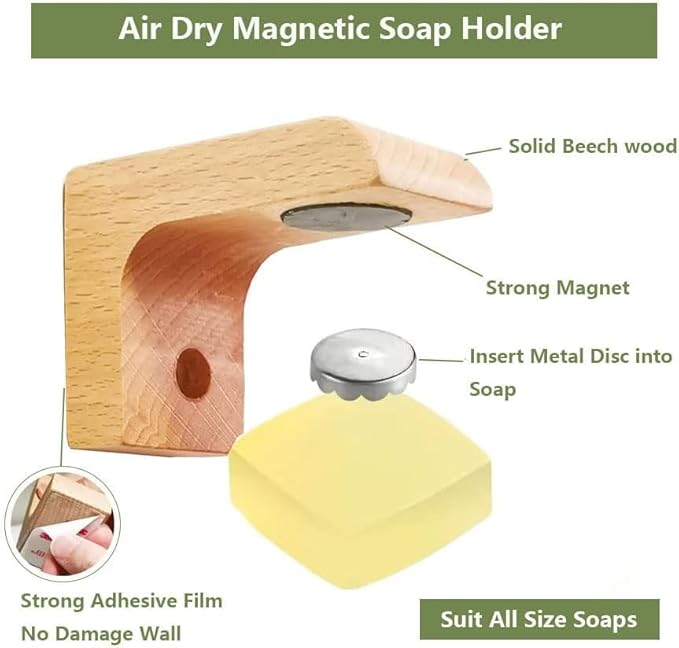 Magnet Air Dry Soap Holder caps, Magnetic Wood Material Soap Saver Tapes for Soapholder & Soap Dish, No More Soggy Soaps - Replacement Capsules for Magnetic Soap Holder (6pcs caps,2pcs Tapes)