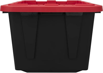 27-Gallon Storage Bin (2-Pack), Large Plastic Storage Container with Secure Snap-On Lid, Tote for Industrial and Home Organization, Black with Red Lid