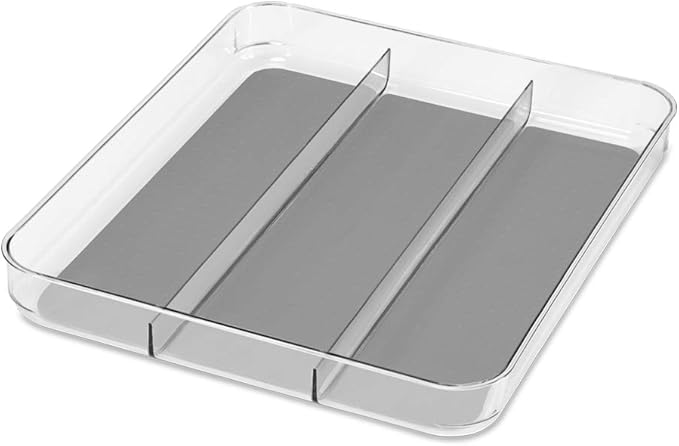 madesmart Premium 3 Compartment Clear Drawer Organizer, Multi-Purpose Storage with Soft Grip Lining & Non Slip Base, Grey