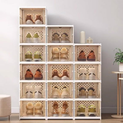 6 Pack Shoe Storage Box,10.1"x 13.6"x 40.5",Plastic Stackable Shoe Organizer for Entryway,Sneaker Container Bin Holder,White