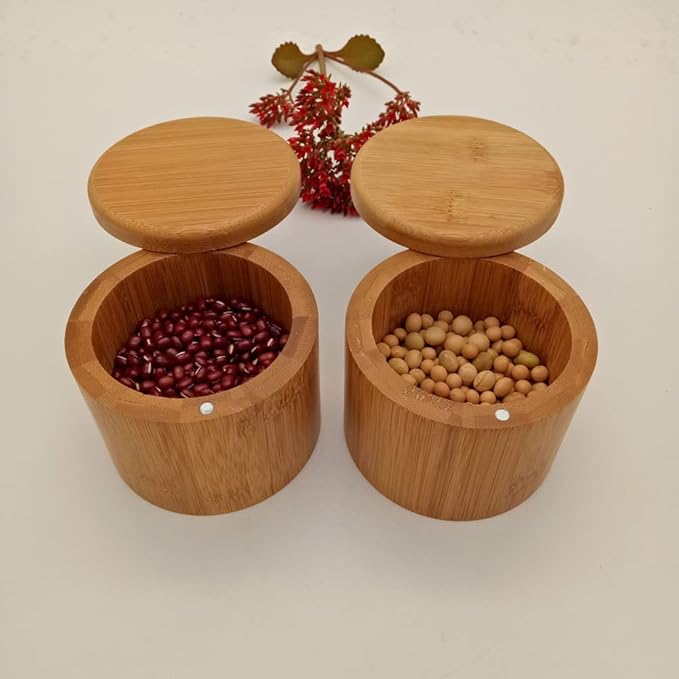 Bamboo Salt Box Round Spice Storage Box Kitchen Seasoning Container with Magnetic Swivel Lid for Salt, Sugar, Spice, Pepper (1 Piece)