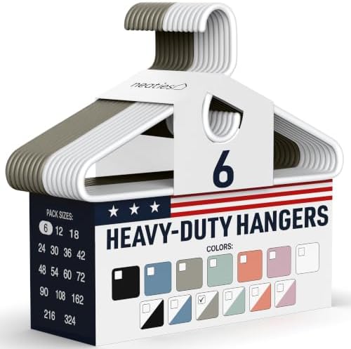 Heavy Duty Clothes Hangers 6 Pack – Made in the USA – 8lb Capacity Plastic Hangers for Adult Clothing – Durable for Pants, Coats, Jackets, or Jeans – White & Gray by NeatiesHangers