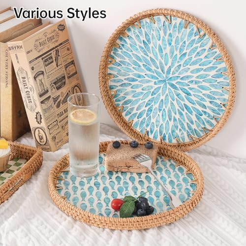 Round Rattan Tray with Mother of Pearl Inlay, Rattan Serving Tray for Coffee, Bread, Fruits, Decorative Wicker Tray for Table Decor, Home Decor, Kitchen Island Decor (Turquoise Fish, 11.8") - Image 3