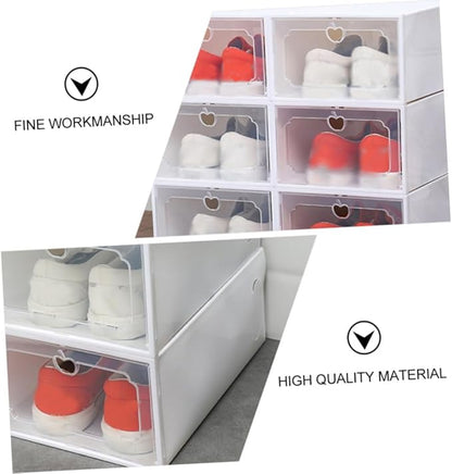 6pcs Large Capacity Plastic Shoe Organizer Boxes with Flip- Design, Stackable Storage Cases for Home Closet Shoes, Pearl White
